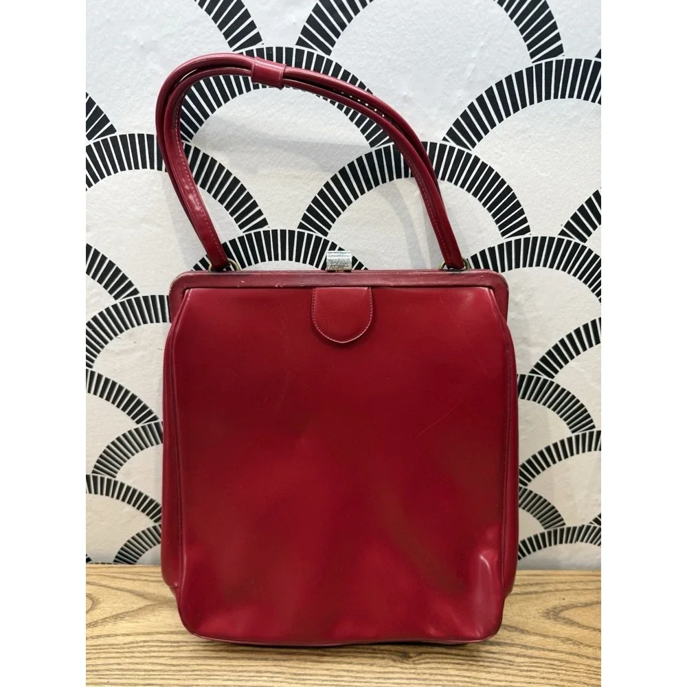 VTG 1950s red leather Dofanette frame hinged handbag purse France‎ Granny